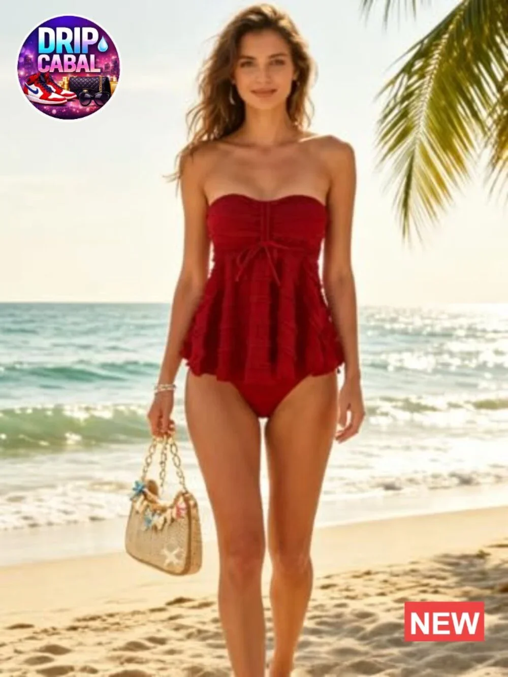 2 Piece Bandeau Tankini Swimsuits Ruffle Tiered Babydoll Tops with Panty